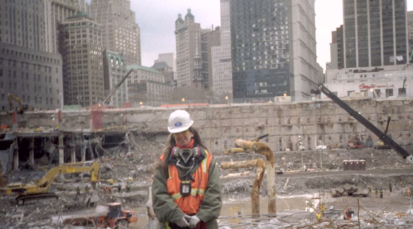 Solange Schwalbe standing at Ground Zero during post-9/11 recovery efforts.