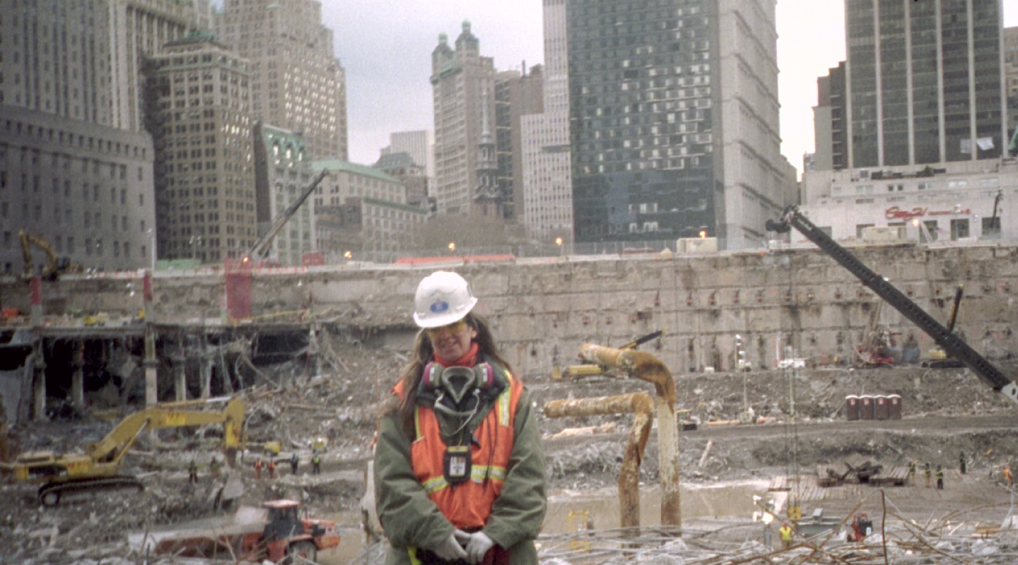 Solange Schwalbe standing at Ground Zero during post-9/11 recovery efforts.