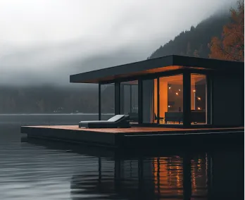 Modern lakeside cabin with warm interior light reflected on calm water at dusk near misty forested hills.