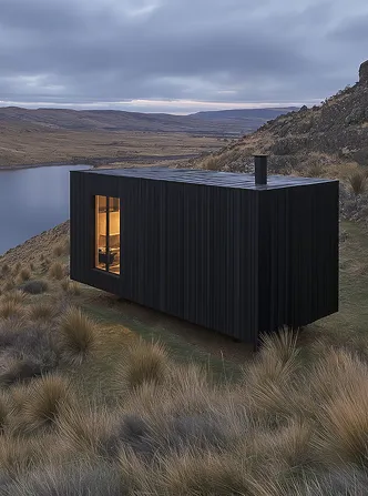 Black rectangular cabin with a lit window overlooking a lake and grassy hills under a cloudy sky.