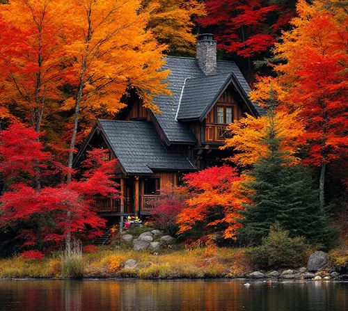 Wooden cabin surrounded by vibrant autumn trees reflected in a calm lake.