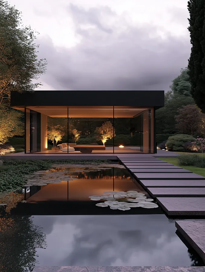 Modern glass pavilion with illuminated interior reflecting on a pond with lily pads at dusk.
