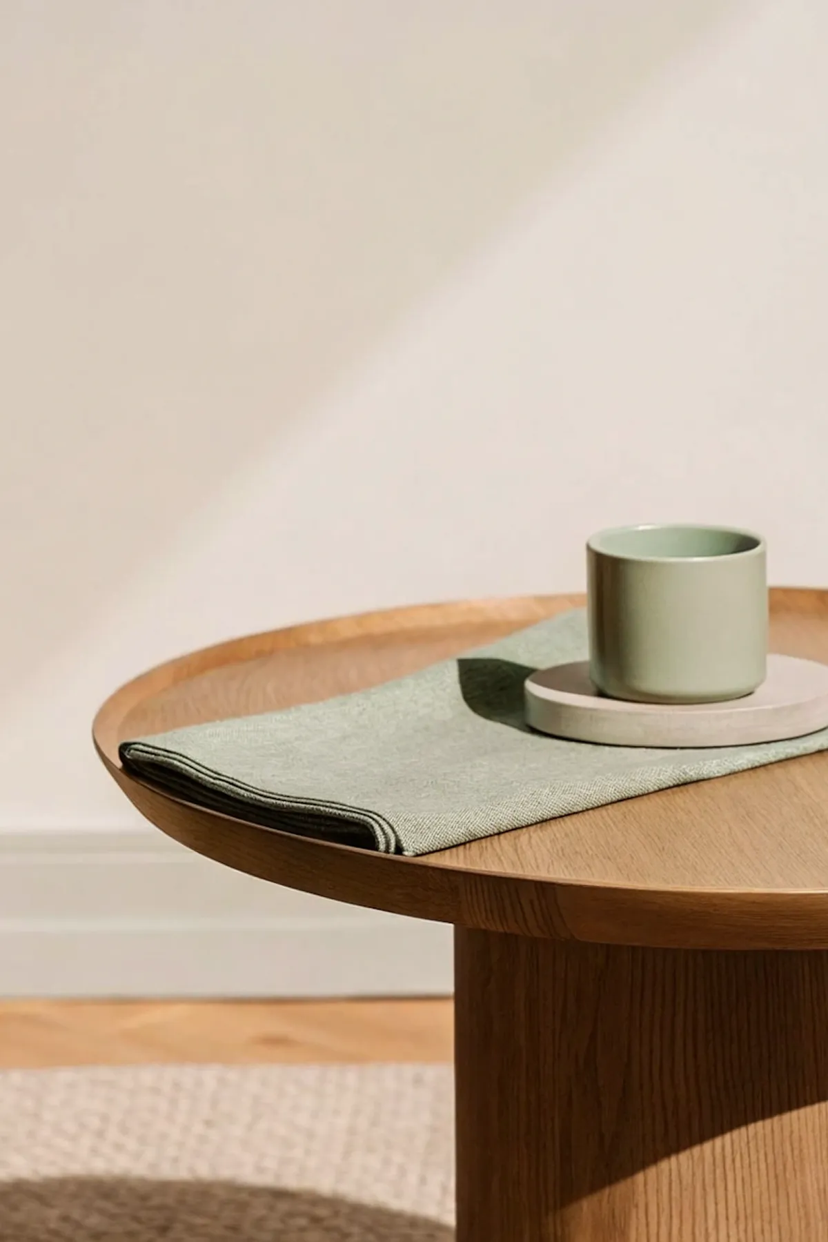 Green ceramic cup on coaster beside folded green cloth on a round wooden table.