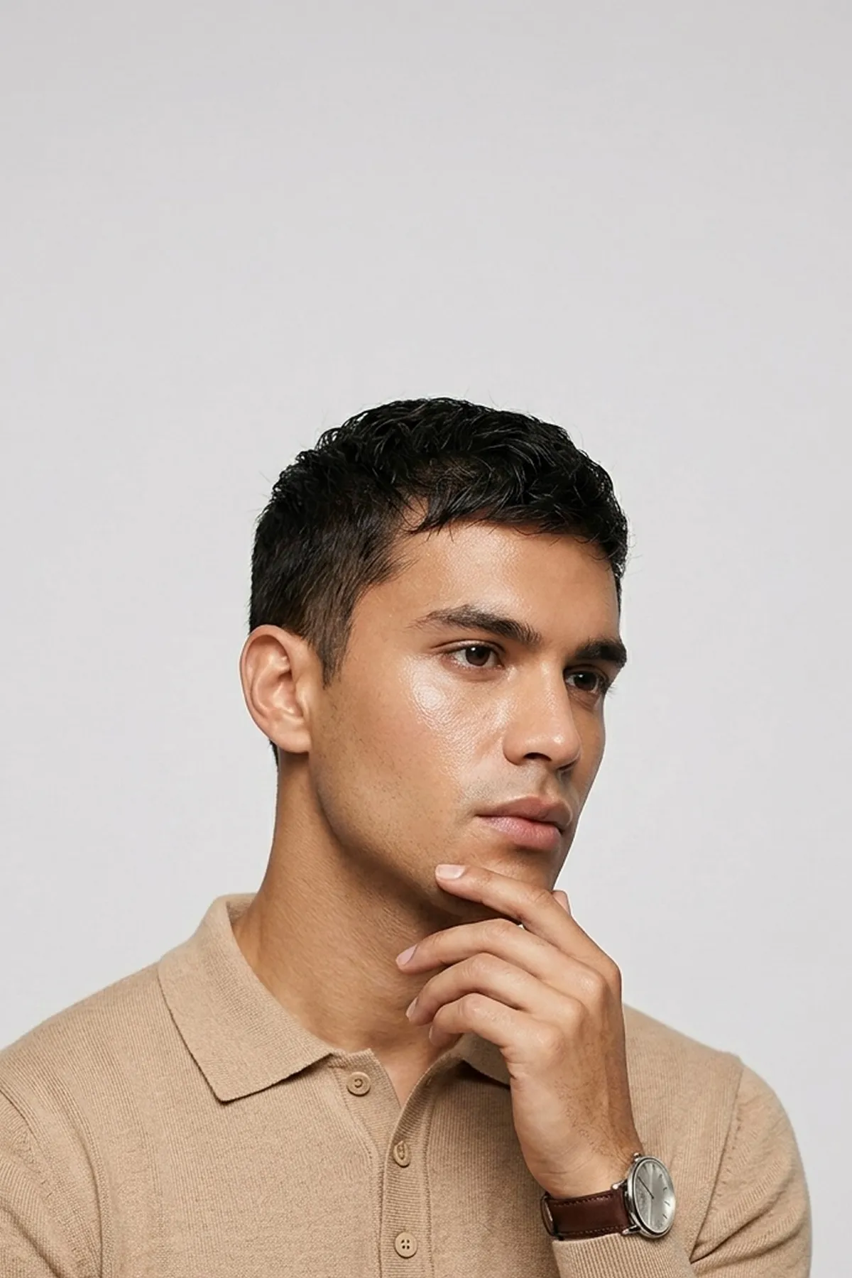 Thoughtful young man with dark hair wearing a beige polo and a watch, resting chin on his hand.