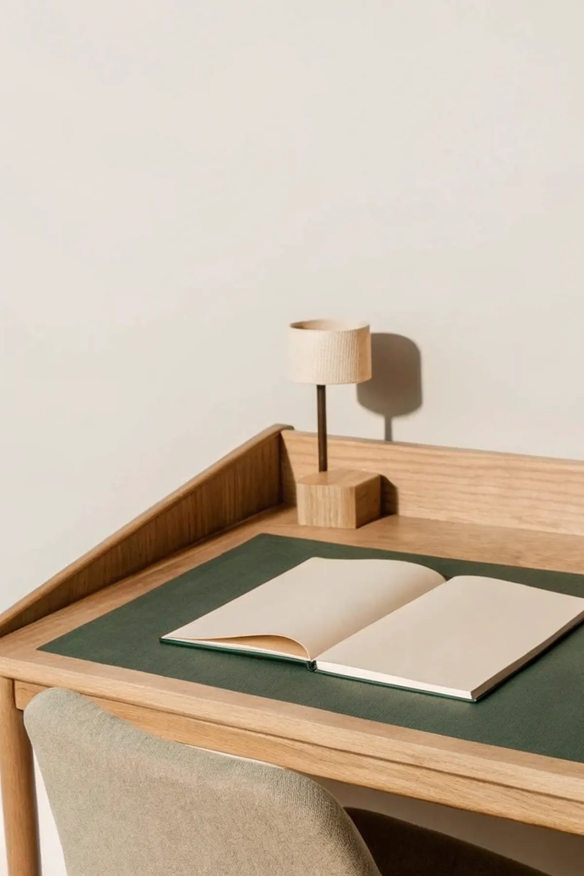 Minimalist wooden desk with a green mat, an open blank notebook, and a small wooden lamp.