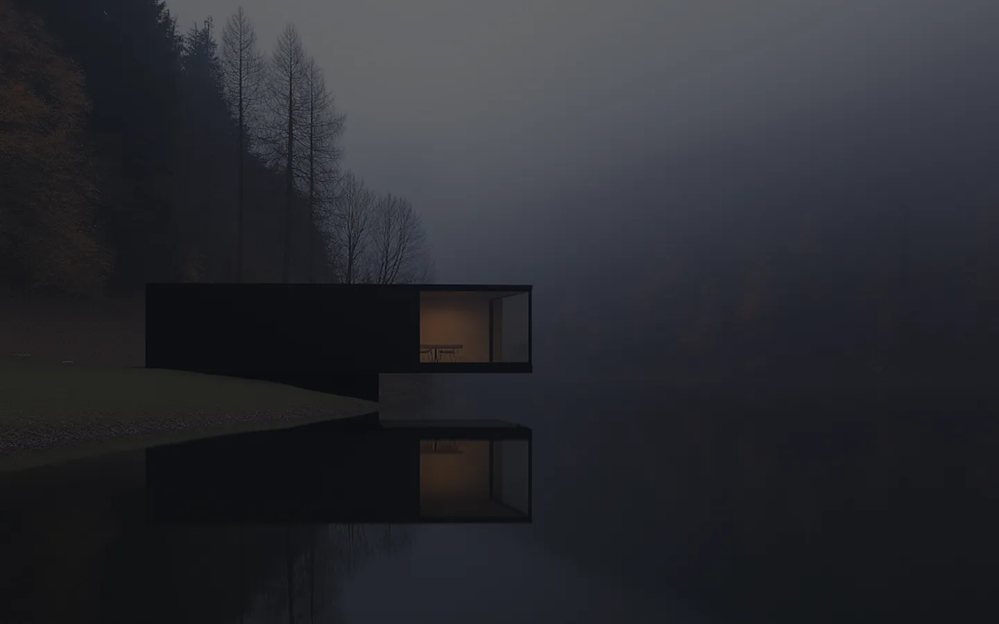 Modern house with lit interior, reflecting on calm water beside a misty forest at dusk.