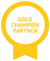 Gold Champion Partner badge with a circular ribbon design.