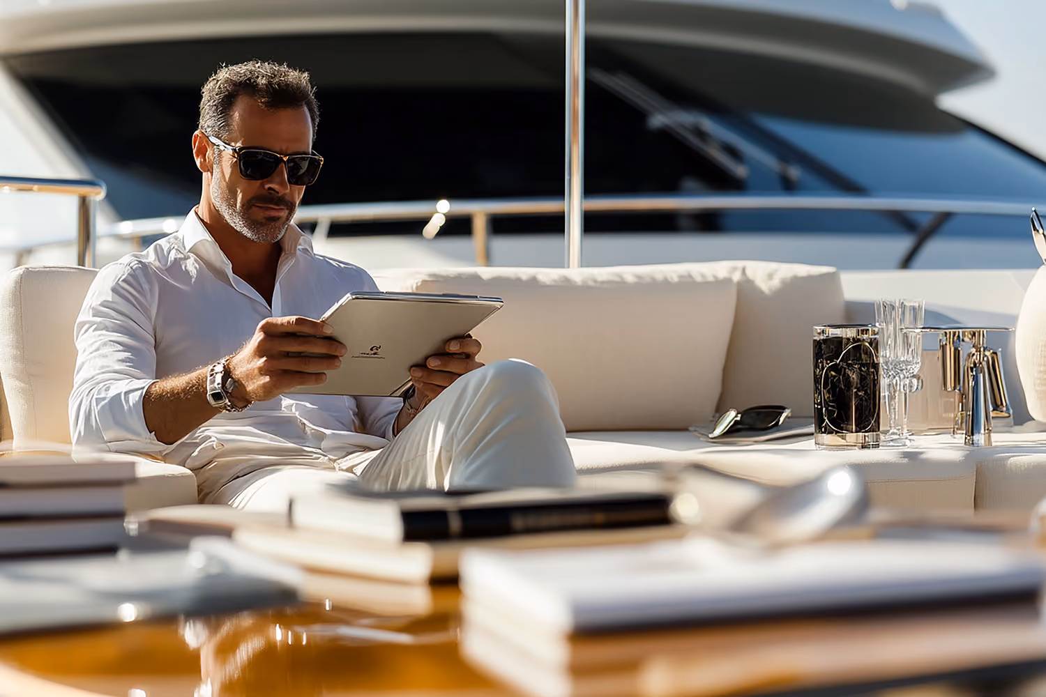 Man in white outfit and sunglasses seated on yacht sofa reading a tablet device.