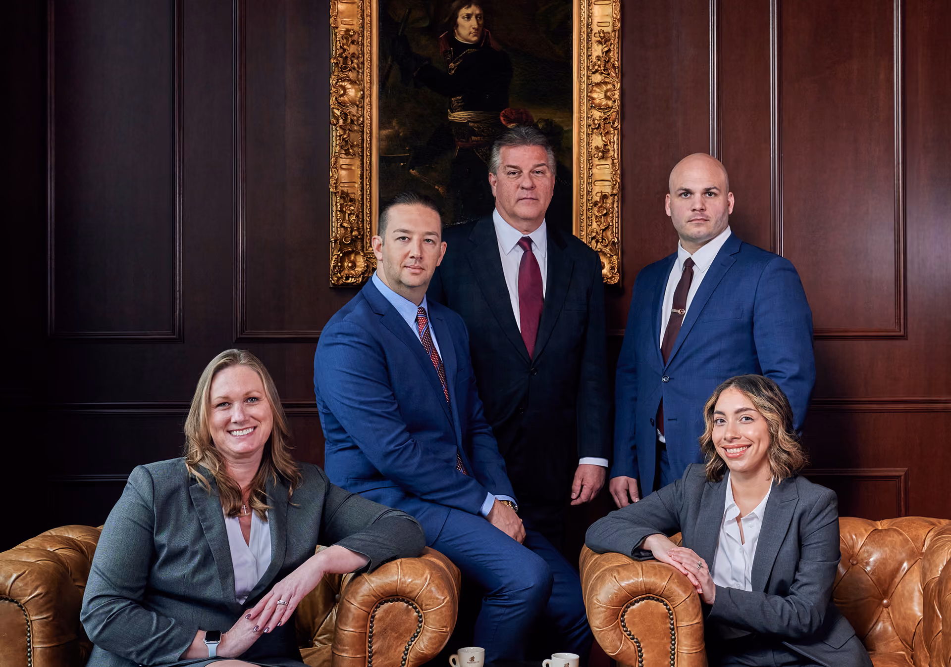 Five professionals in business attire pose in a formal office with leather chairs and a framed painting.