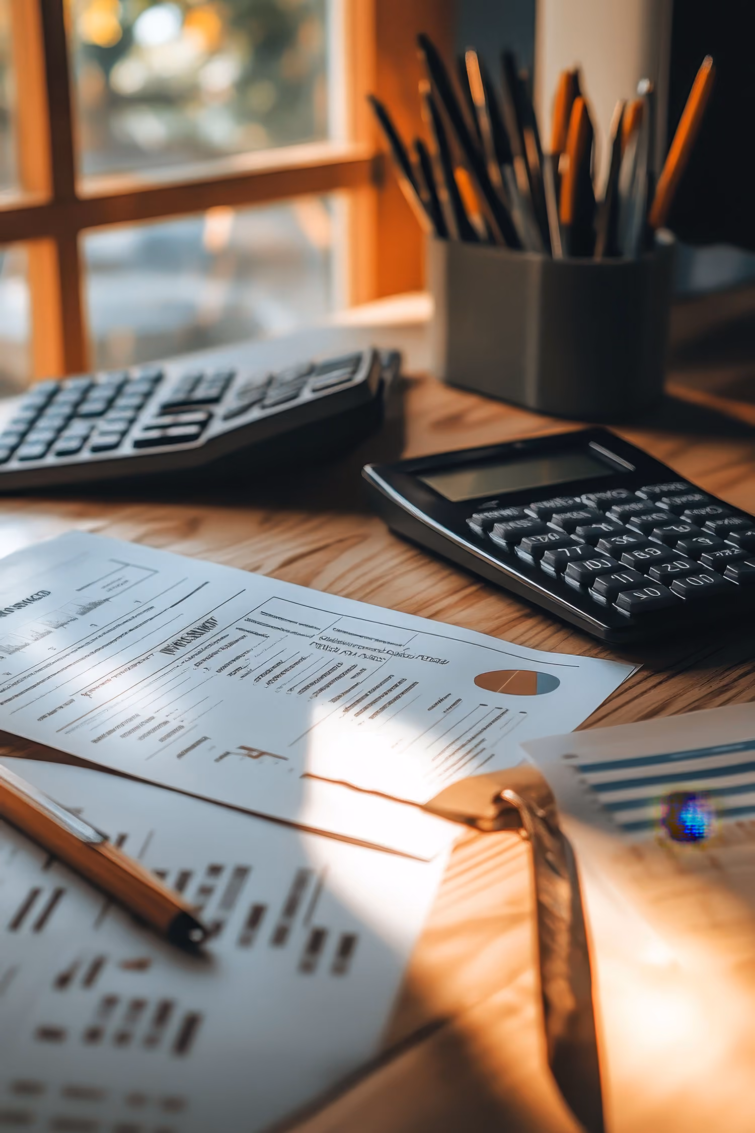 Calculator, paper report, pencil, and container of pens on a wooden desk near a window.