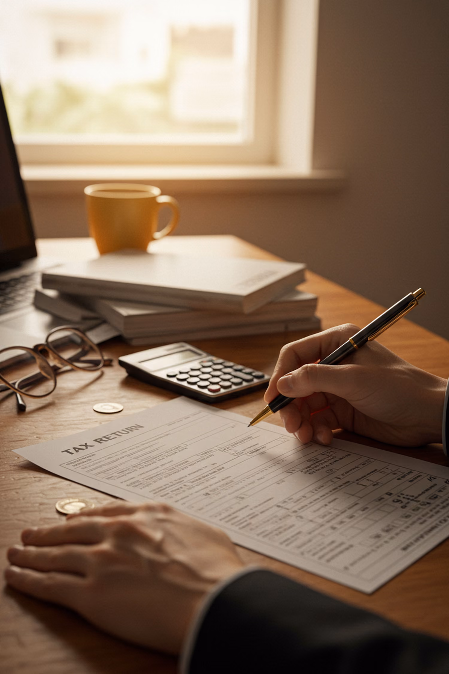 Person filling out a tax return form at a wooden desk with glasses, calculator, books, and coffee mug nearby.