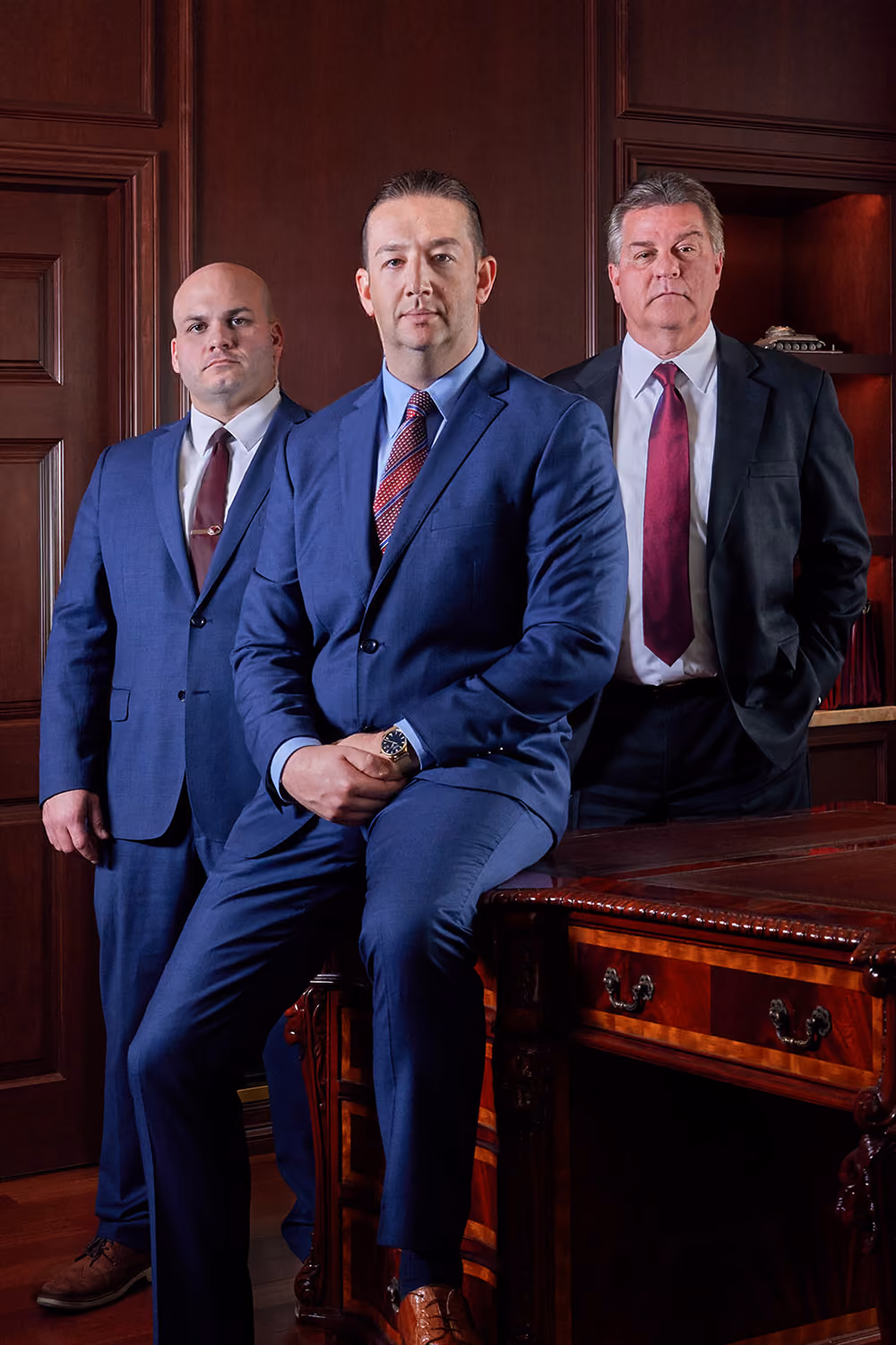 Three men in formal suits posing in a wood-paneled office with an ornate wooden desk.