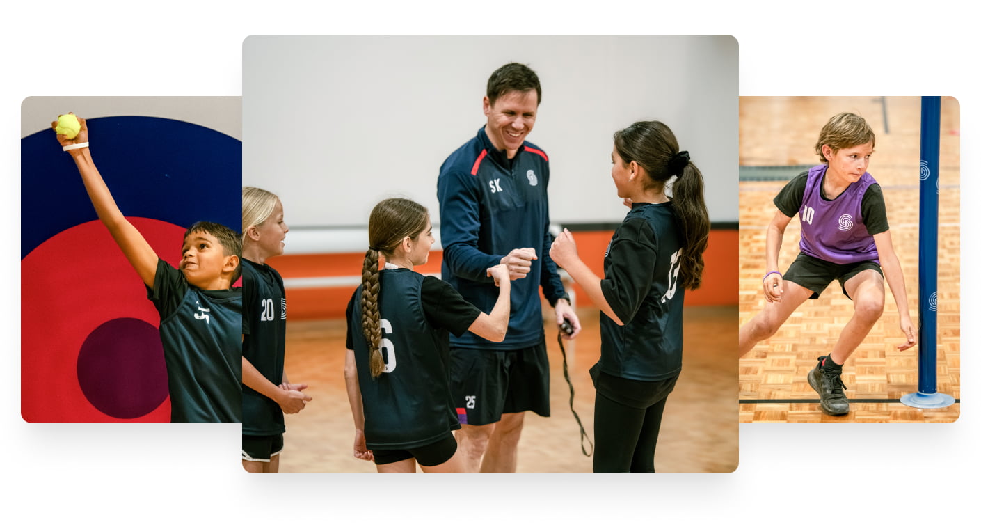 Photo collage of students and a coach engaging during a SportsKey testing session