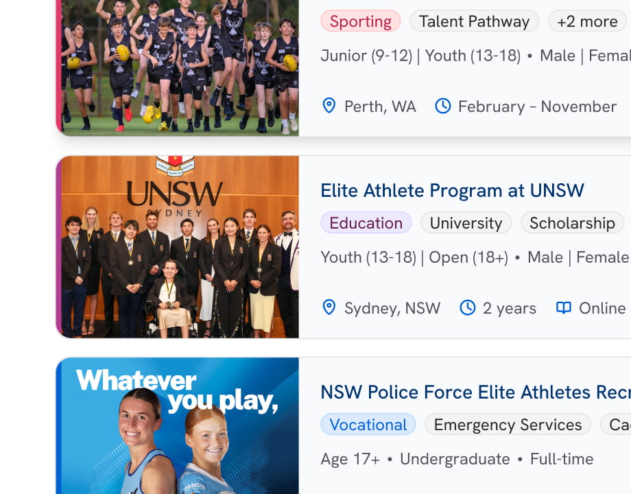 Photo collage of a university athlete program and a police force recruitment pathway card