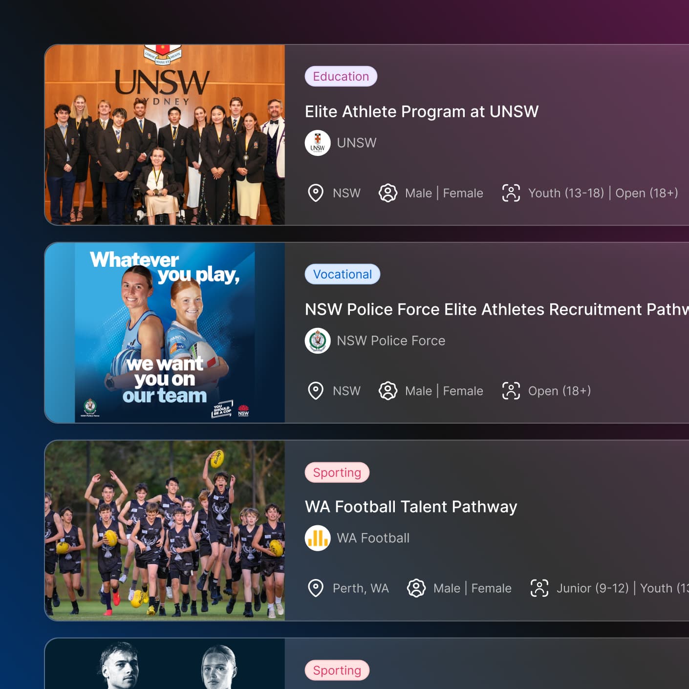 Program cards showcasing the Elite Athlete Program at UNSW, NSW Police Force recruitment pathway, and WA Football Talent Pathway