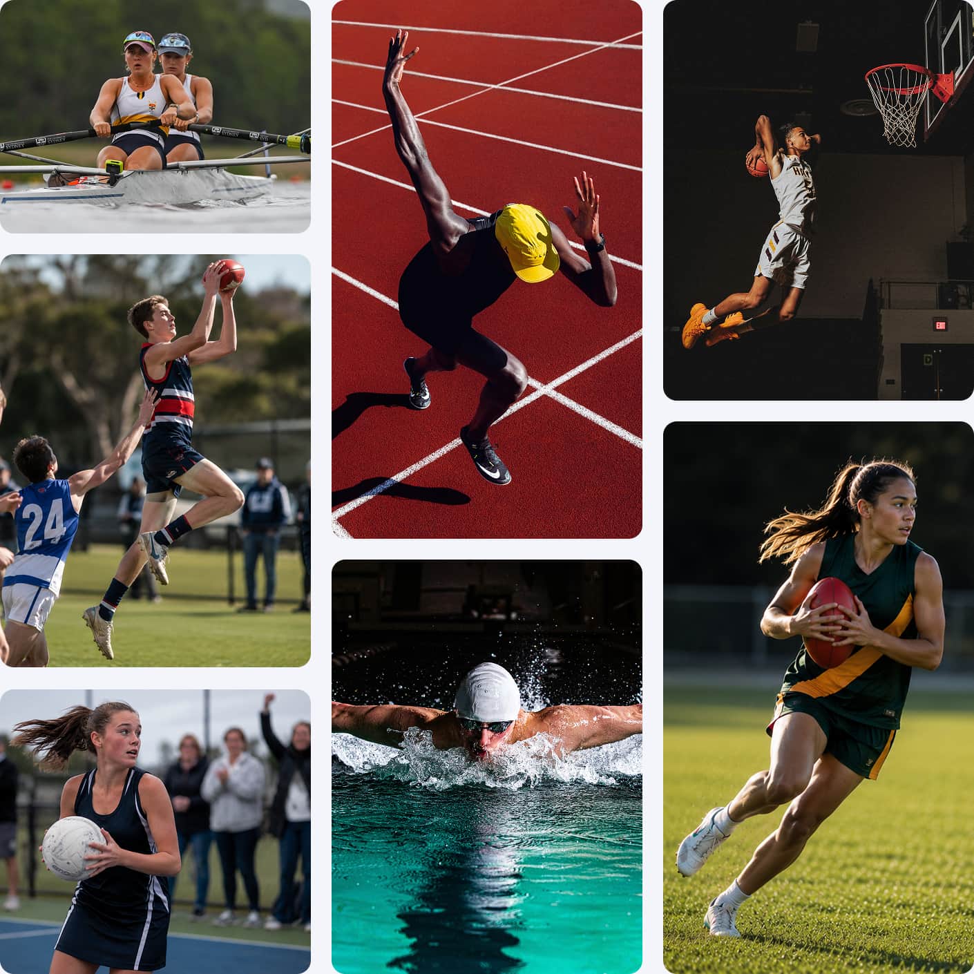 Collage of student athletes competing in rowing, Australian rules football, track sprinting, basketball, netball, swimming, and running across multiple sports