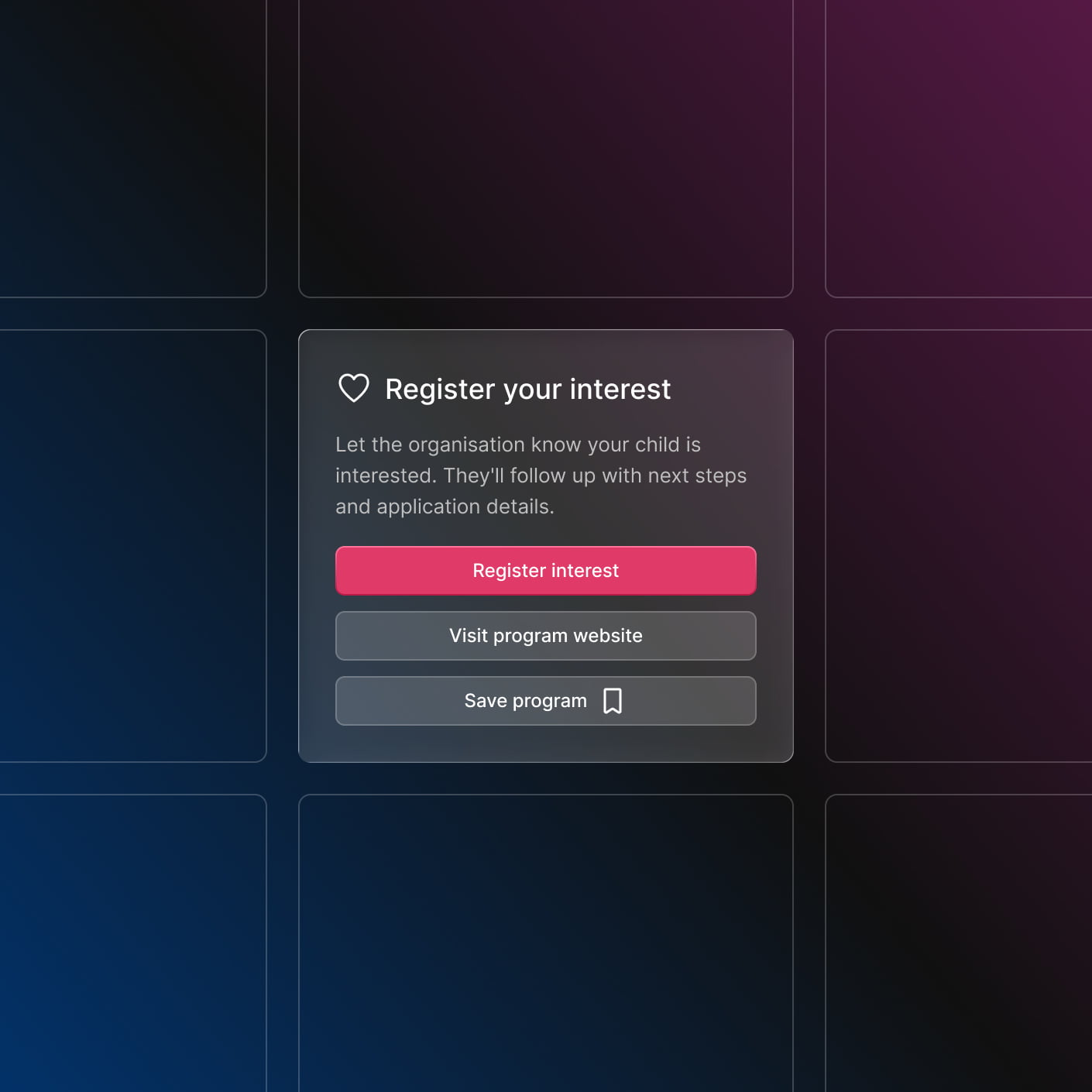 SportsKey 'Register your interest' interface card allowing prospective students to express interest in a program