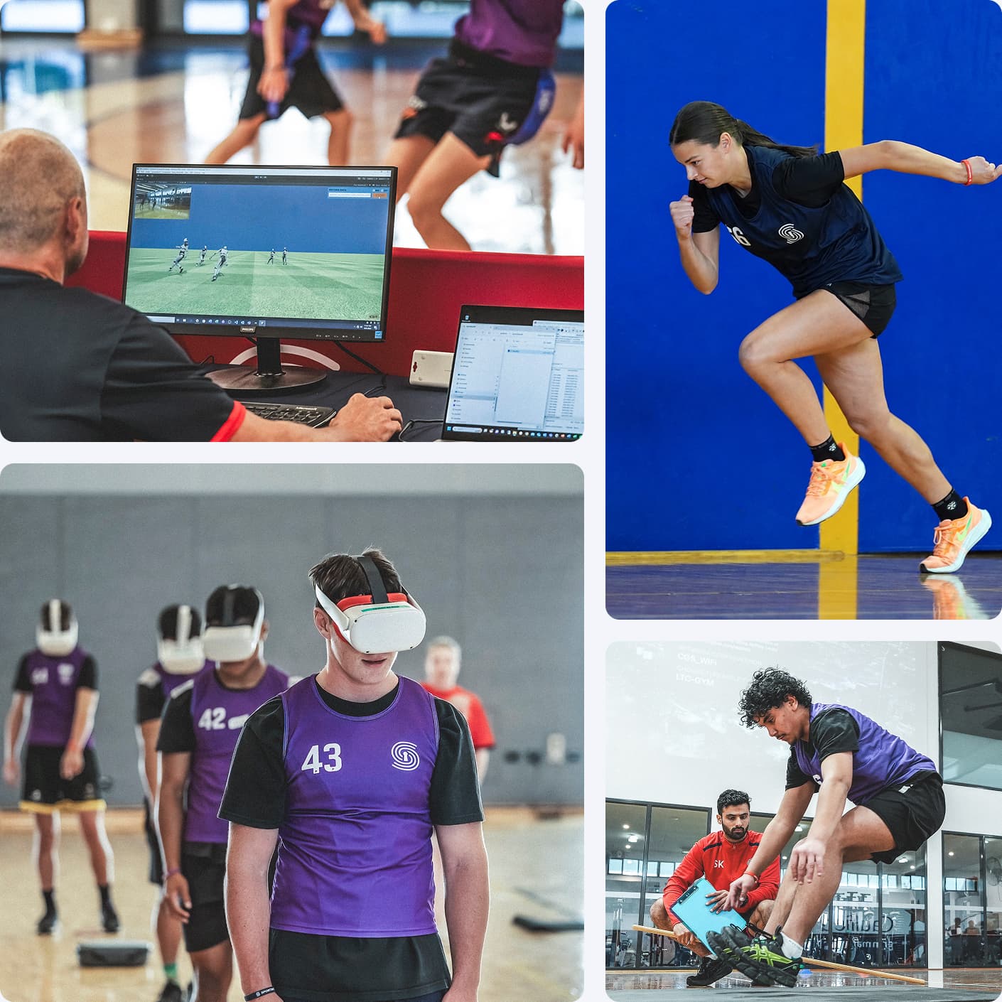 Collage showing a coach analysing match footage on a monitor, an athlete jumping during training, students wearing VR headsets, and a boot-fitting session