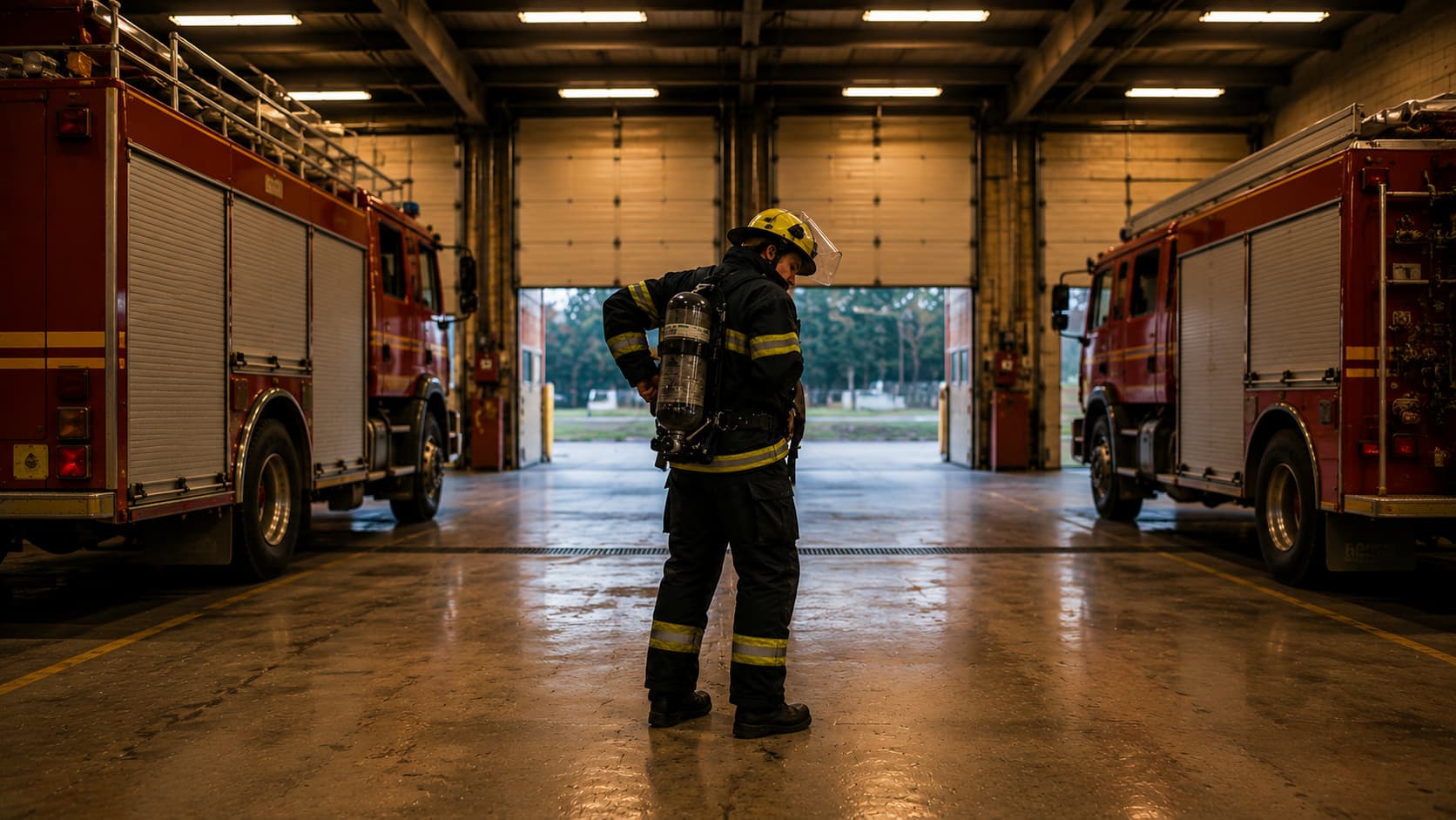 Firefighter in full protective gear walking through a fire station between two fire trucks
