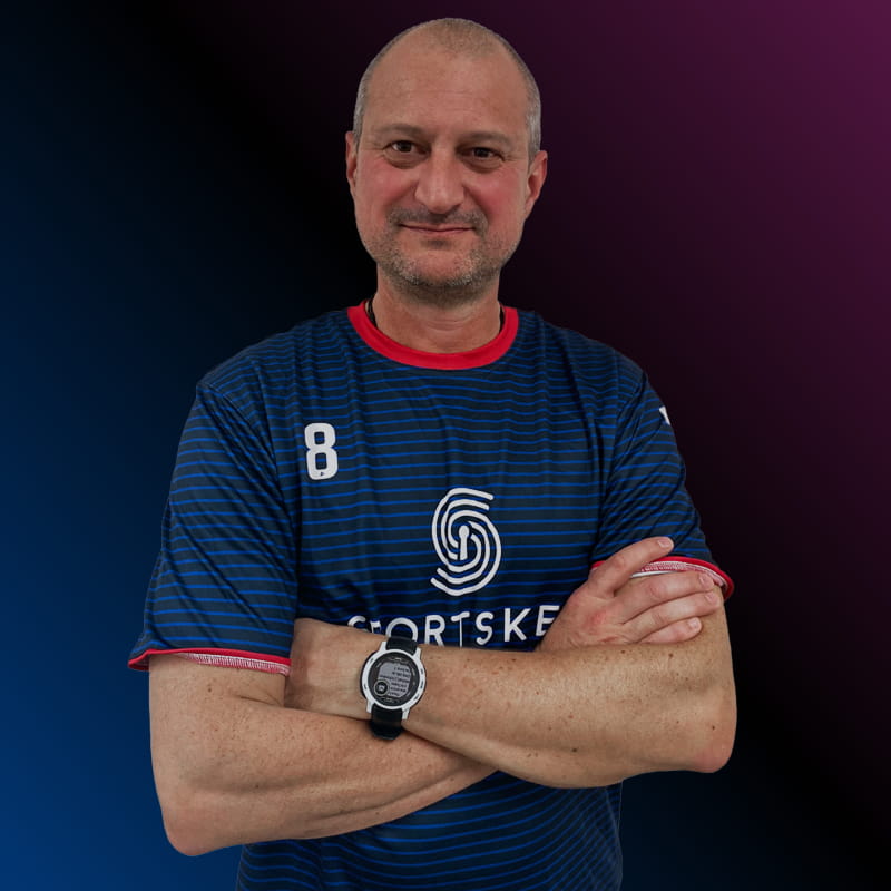 Prof. Michael Richardson, Head of Technology, wearing a SportsKey jersey