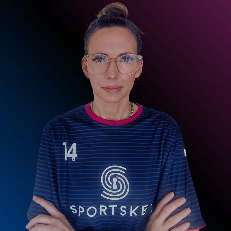 Ellen Farley, Digital Marketing, wearing a SportsKey jersey