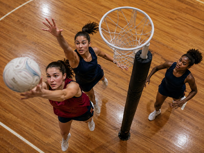 Three women playing netball indoors as one jumps to shoot the ball near the hoop.