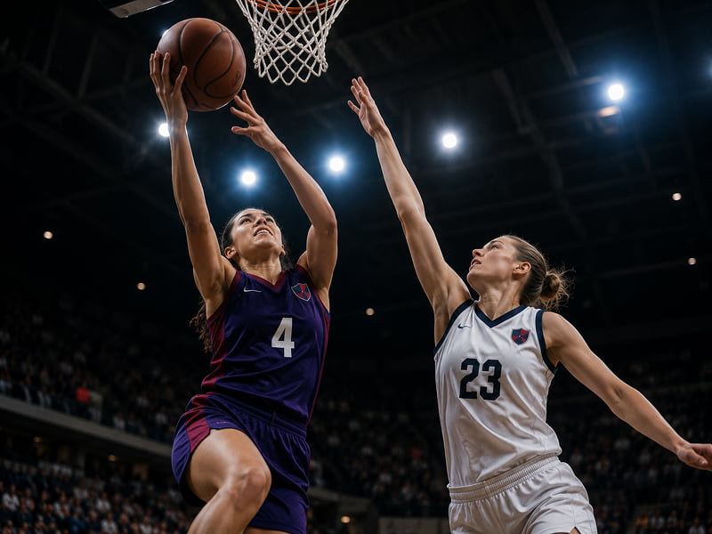 Female basketball player in purple attempts layup while opponent in white tries to block the shot.
