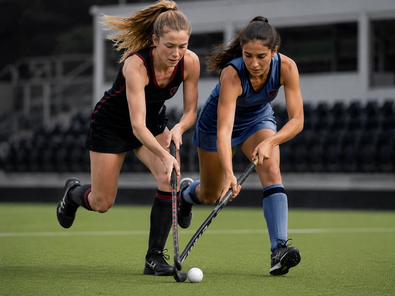 Two female field hockey players competing for the ball on an outdoor turf field.