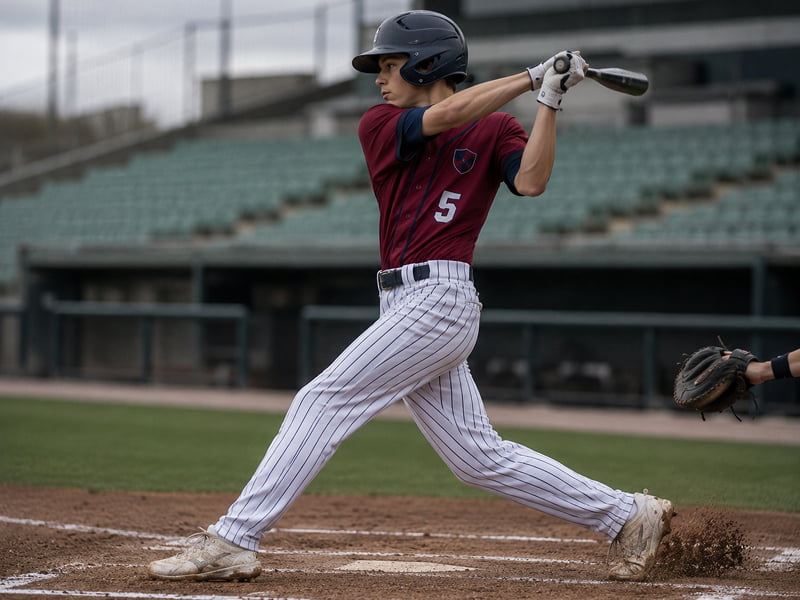 Baseball player in maroon jersey and striped pants swinging bat at home plate on field.