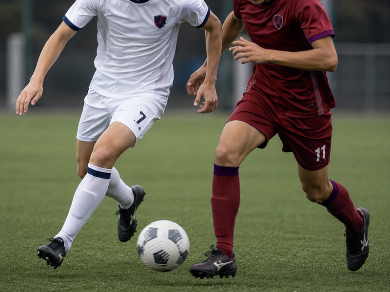 Two soccer players in white and maroon uniforms competing for the ball on a green field.