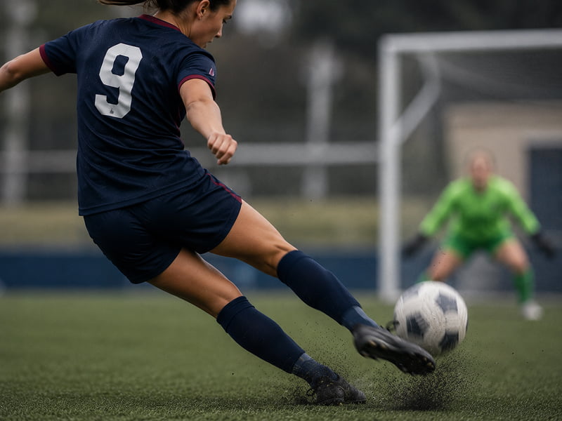 Female soccer player wearing number 9 kicking ball toward goal where goalkeeper awaits.