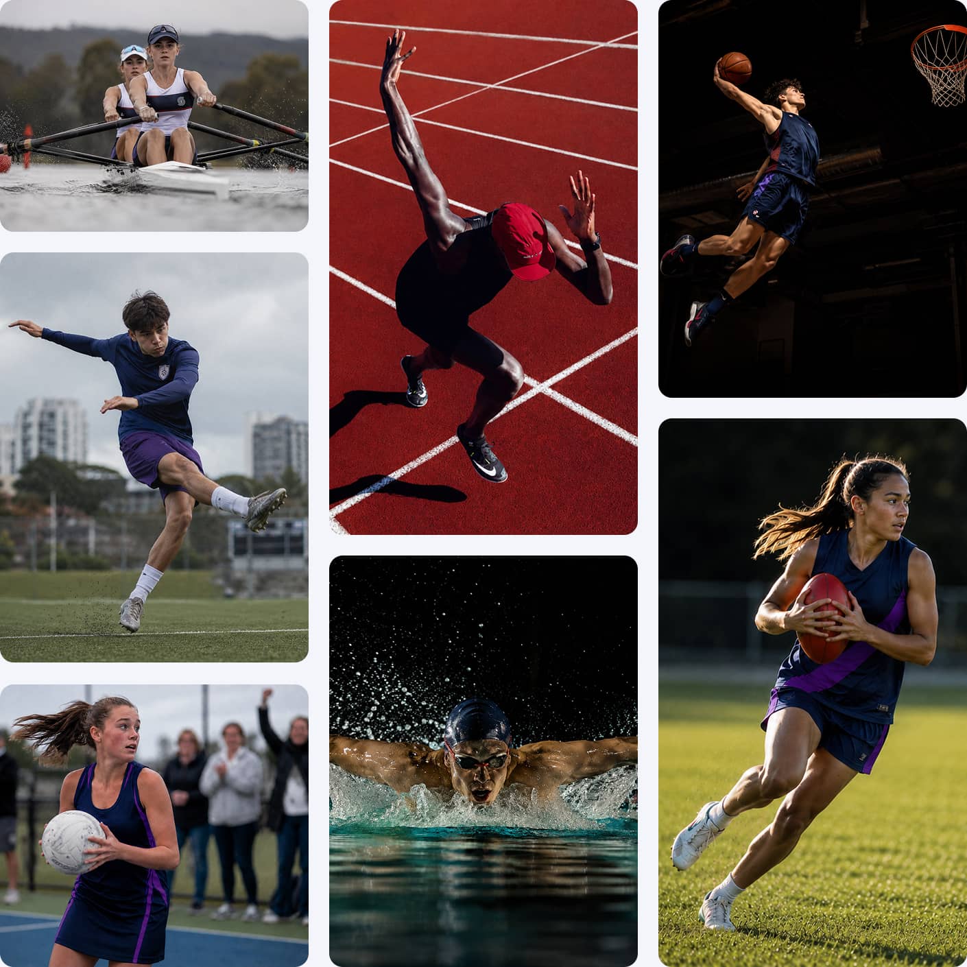 Collage of student athletes competing in rowing, Australian rules football, track sprinting, basketball, netball, swimming, and running across multiple sports