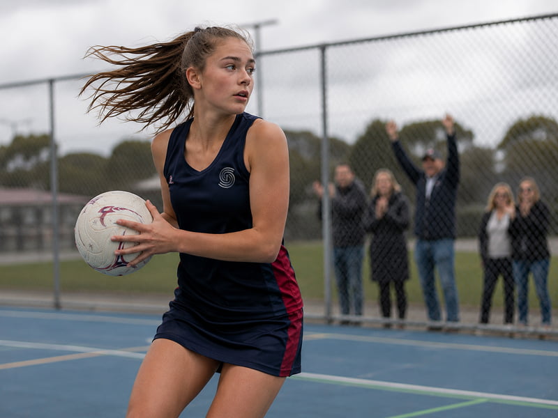 Young netball player catching the ball on an outdoor court while spectators cheer