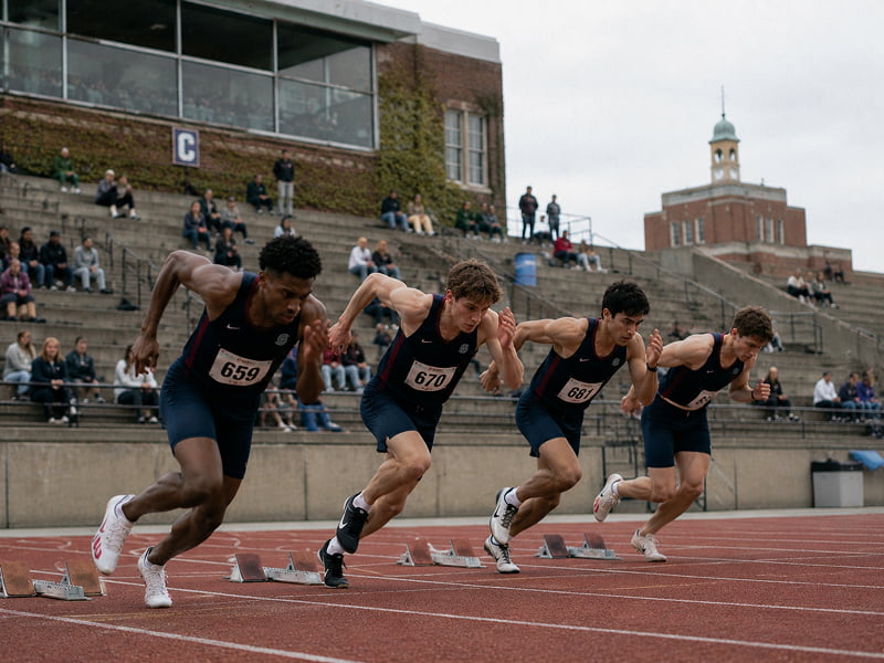 Sprinters bursting from the starting blocks at the beginning of a track race