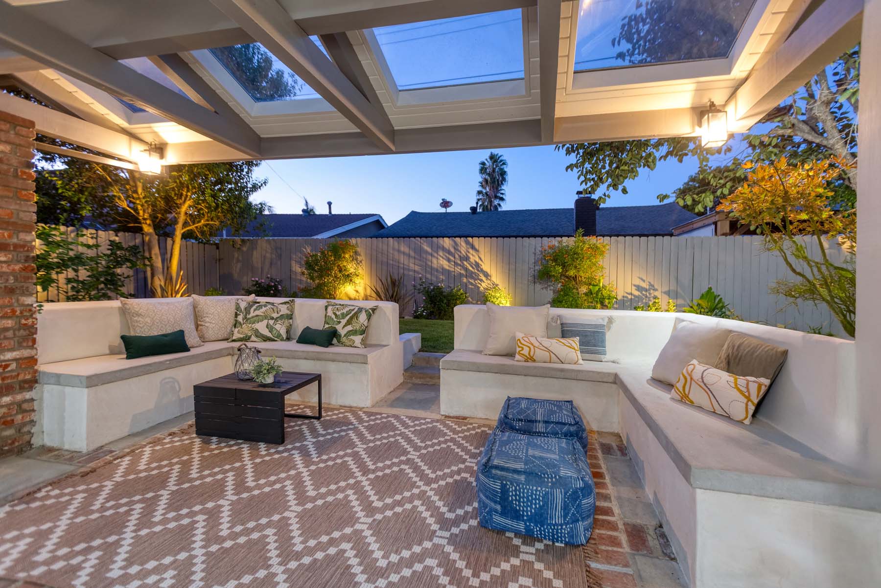 Covered patio at twilight, 19939 Hemmingway St