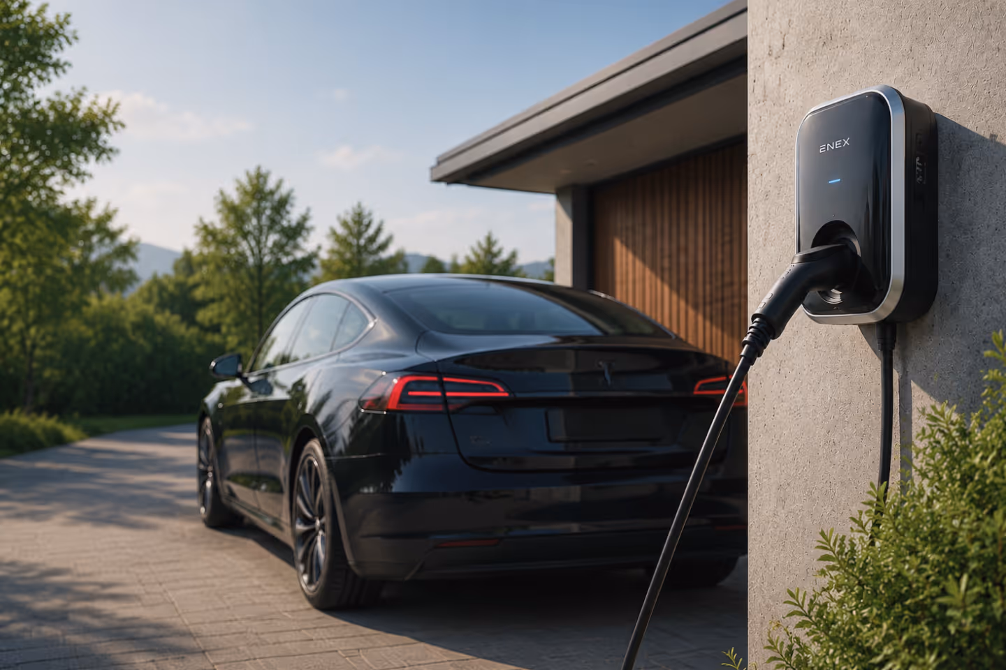 Black electric car parked outside a house, connected to an ENEX charging station on a wall.
