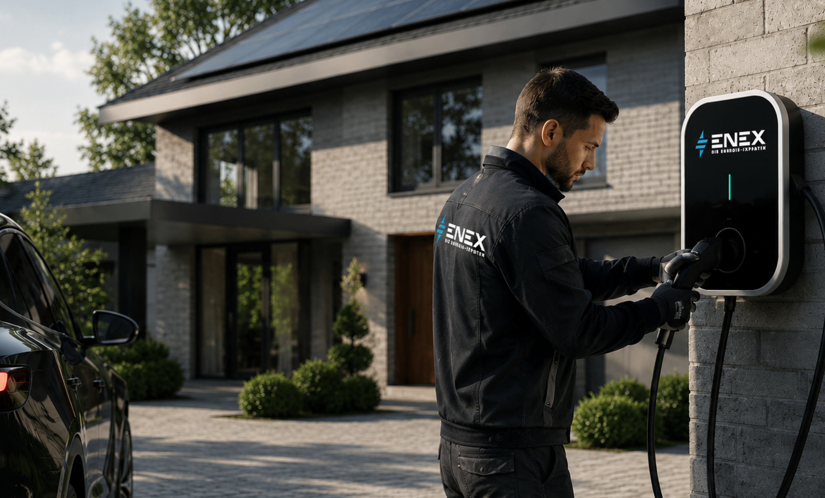 Man in black Enex jacket plugging charger into wall-mounted electric vehicle charging station.