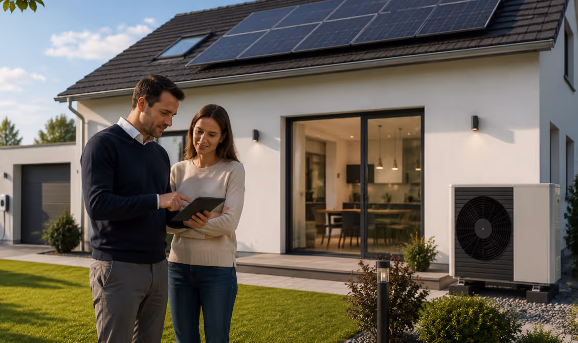 Couple standing on lawn outside house with solar panels on roof and air conditioning unit beside patio door.