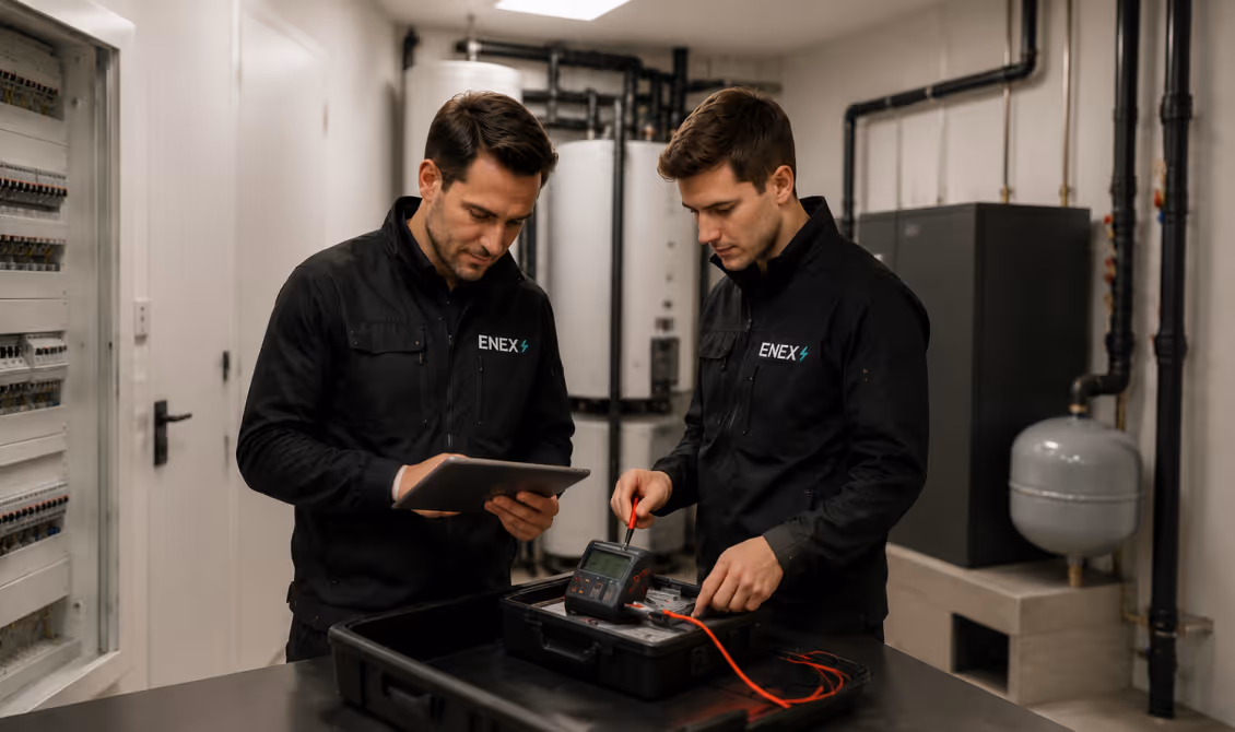 Two men in black ENEX jackets inspecting equipment with a multimeter in an industrial room.