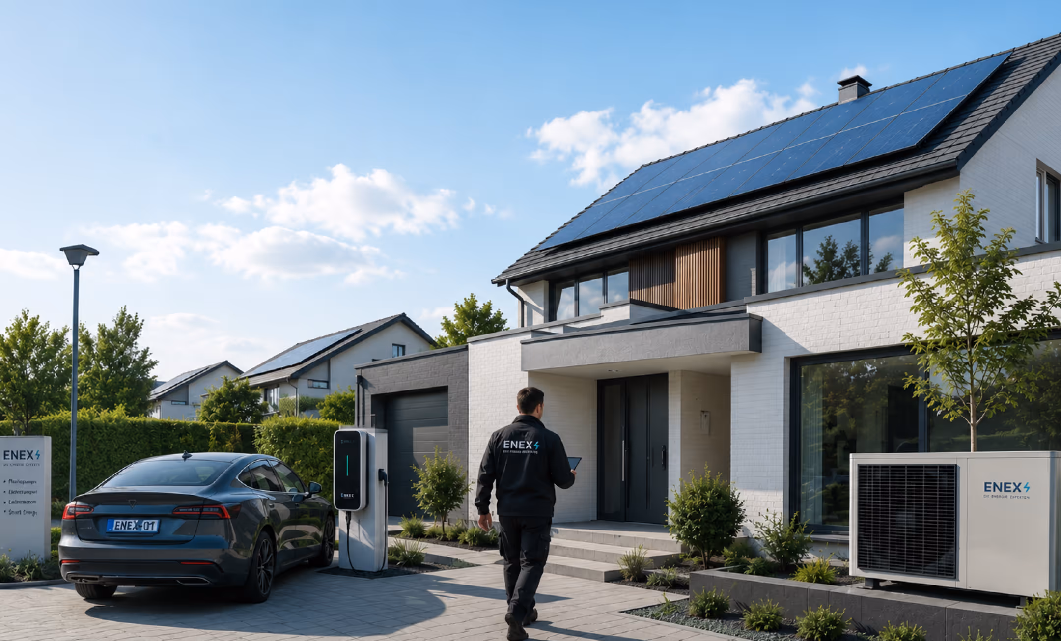 Man walking towards a modern house with solar panels, electric car charging station, and heat pump system.