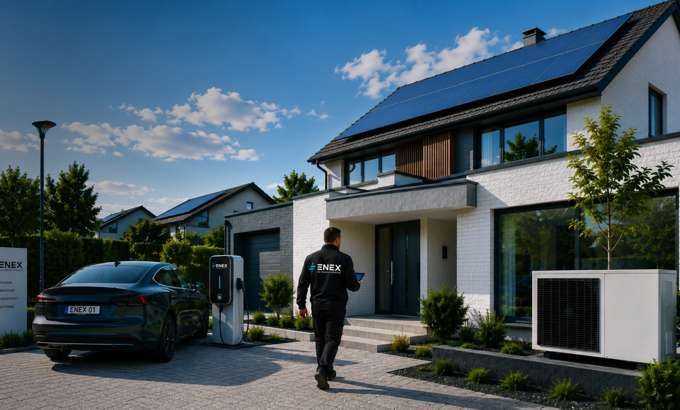 Man walking towards a modern house with solar panels, electric car charging station, and heat pump system.