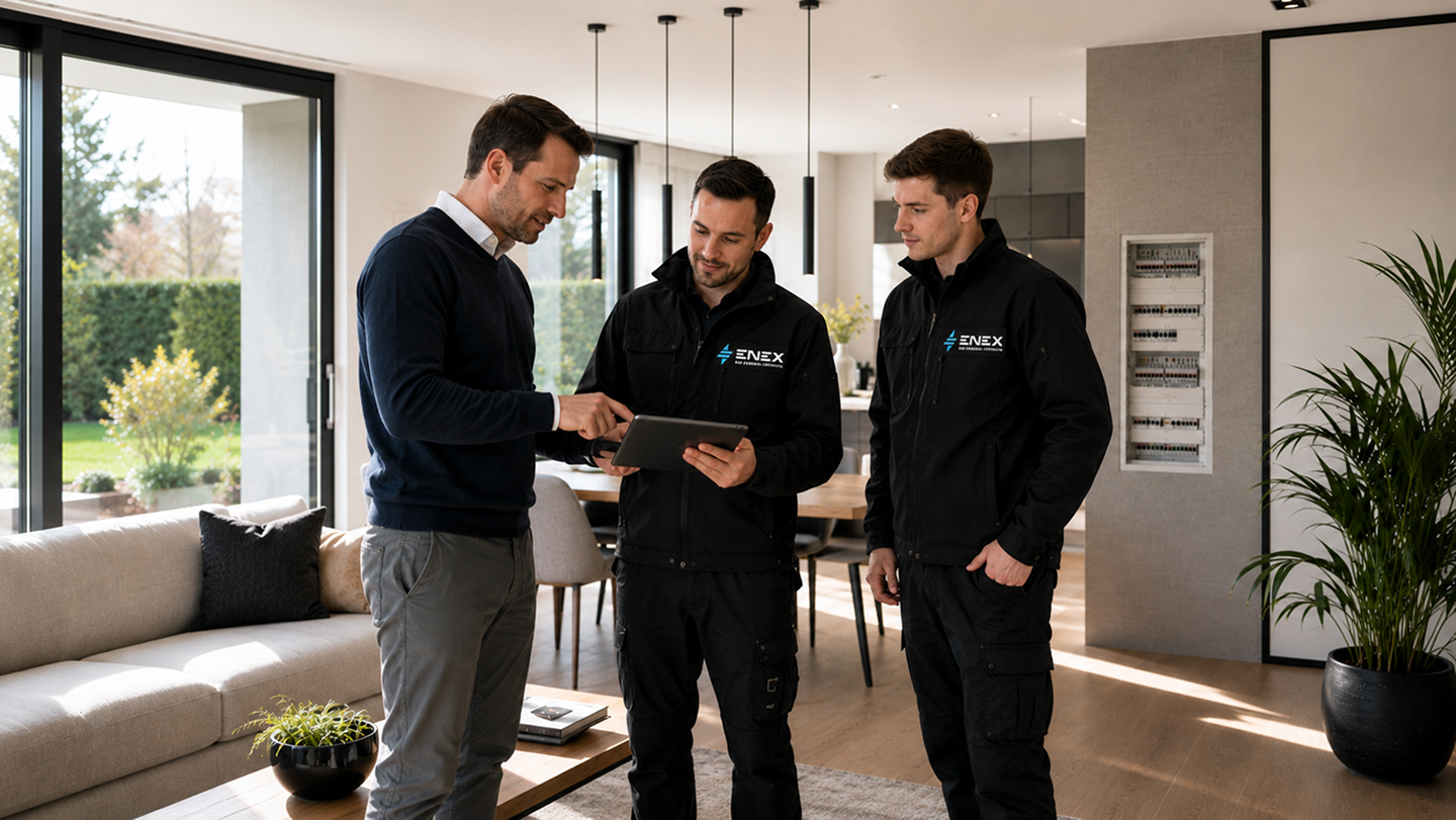 Two technicians in ENEX jackets show a tablet to a man inside a modern living room.