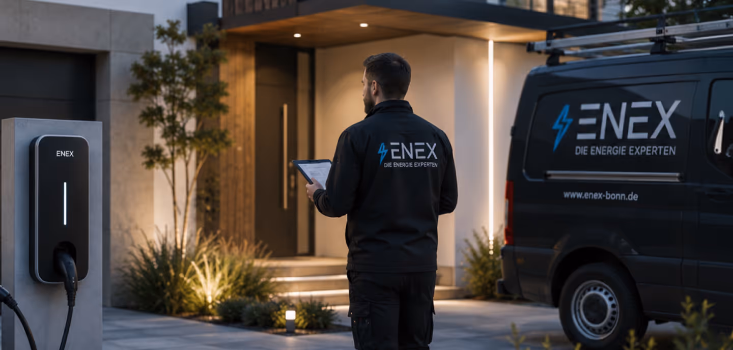 Technician with ENEX jacket using tablet near EV charging station and company van outside modern house.