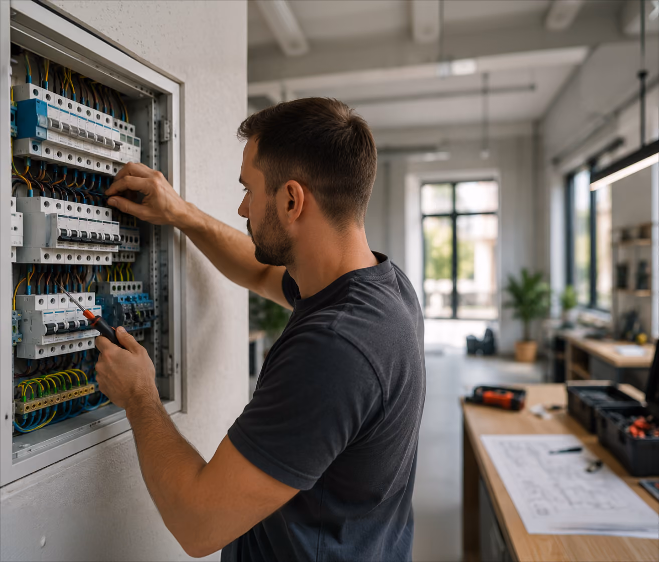Electrician using screwdriver to work on circuit breaker panel in a modern bright workspace.
