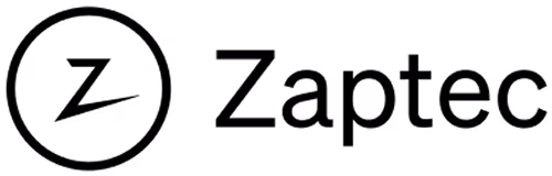 Logo with stylized cube and text 'Zaptec' in black on a white background.