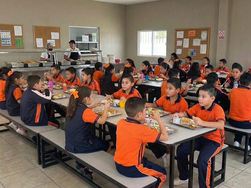 Estudiantes con uniforme comiendo en el comedor de una cafetería escolar