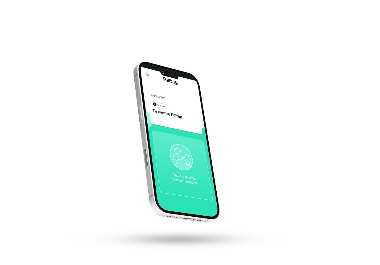 Smartphone con la app Billtag abierta en la pantalla de inicio de un evento