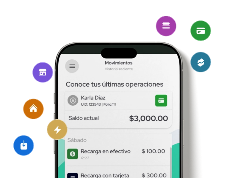 Pantalla de la app Billtag mostrando historial de movimientos y saldo cashless