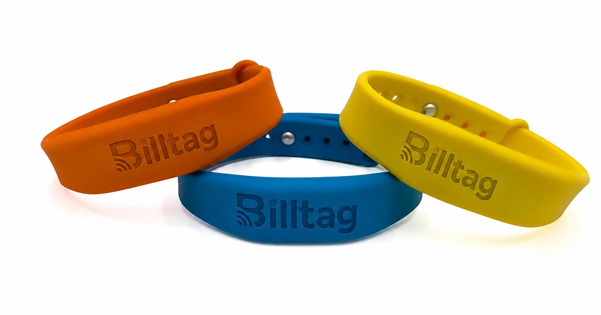 Brazaletes de silicón RFID Billtag en naranja, azul y amarillo