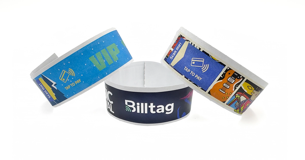 Brazaletes de Tyvek con tecnología RFID Billtag y diseños tipo VIP para eventos